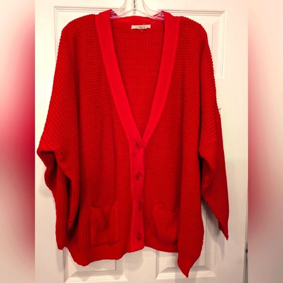 Anthropologie COINCIDENCE CHANCE red cable knit chanky button Cardigan sweater M - Picture 1 of 8